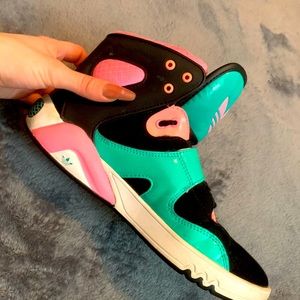 pink and aqua adidas sneakers
